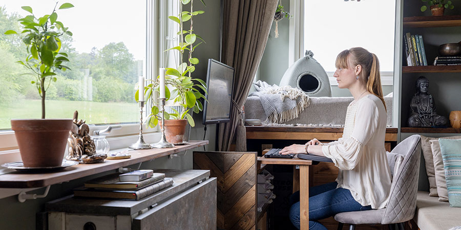 Blommor och tv inne i ett tiny house