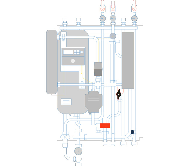 Illustration över var tryckmätaren finns i fjärrvärmecentralen