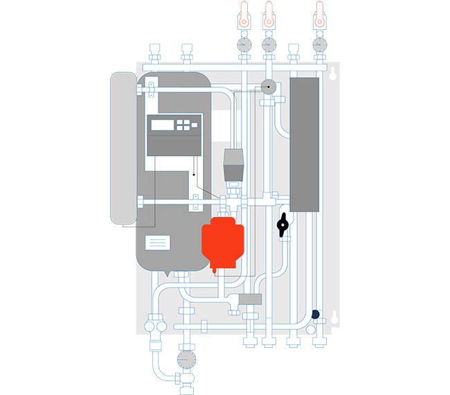 Illustration över var cirkulationspumpen finns i fjärrvärmecentralen