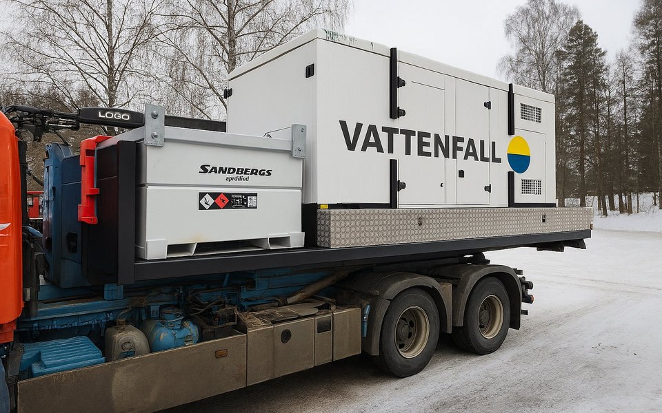 Mobilt elverk uppställt på lastbilsflak, redo för leverans och drift. 