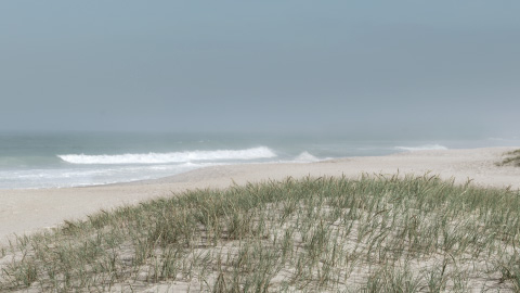 Strand med vågor och blå himmel