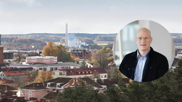 Bild på vy över Nyköping och Jonas, anläggningschef för Vattenfall Värme i Nyköping